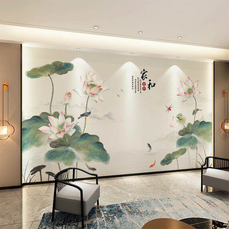 2025新中式客厅卧室书房水墨荷花壁纸墙布电视背景墙复古餐厅壁画