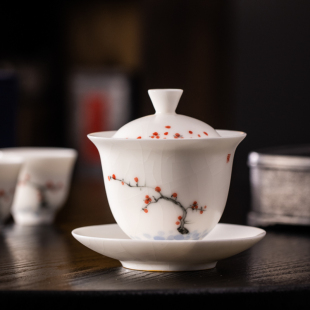 手绘白汝窑三才盖碗茶杯单个泡茶碗不烫手陶瓷茶碗开片可养冰裂釉