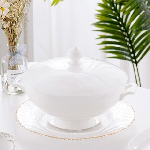 纯白餐具大汤盆汤锅创意家用9英寸双耳大汤碗品锅骨瓷带盖盛汤盆