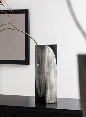 侘寂风陶瓷花瓶摆件中古风复古做旧黑白拼色创意插花器装饰品摆件