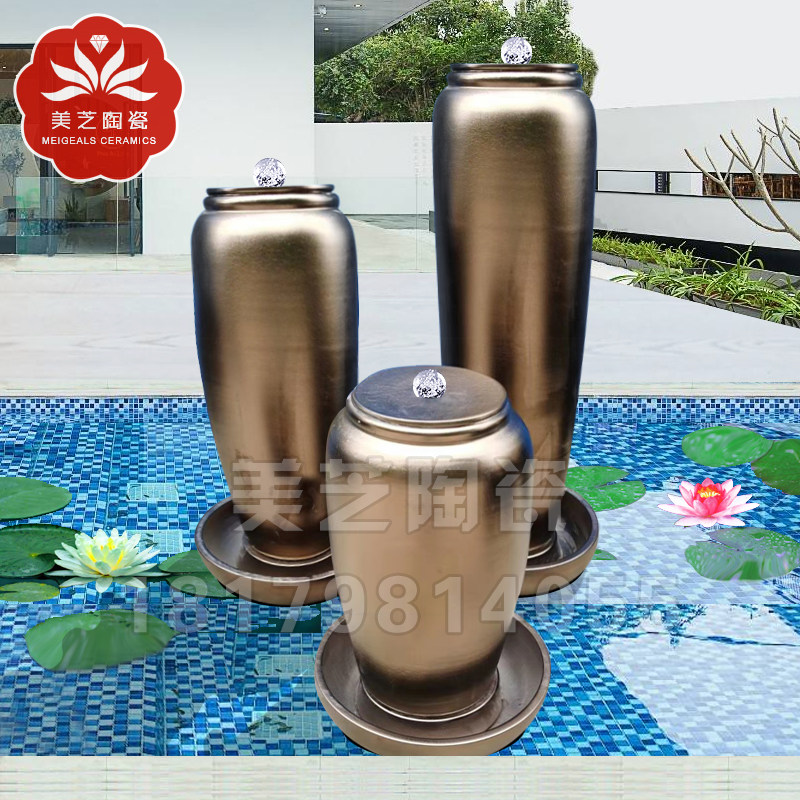 欧式奢华冒水坛子摆件金色陶瓷循环流水大花瓶喷泉陶罐鱼缸储水器,家居饰品,花瓶,淘宝优惠券,粉丝福利购,淘宝优惠卷