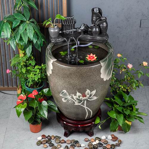 加高陶瓷大缸古法养鱼缸客厅阳台金鱼缸陶罐循环流水造景老式水缸