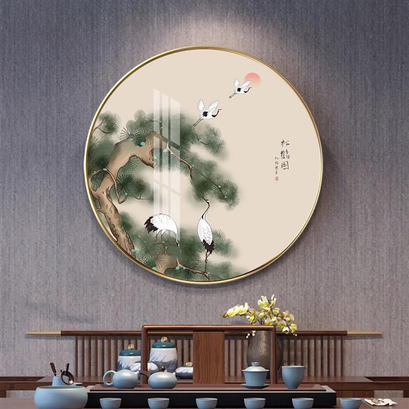 新中式玄关画松鹤图圆形茶室装饰画书房挂画入户门走廊迎客松壁画