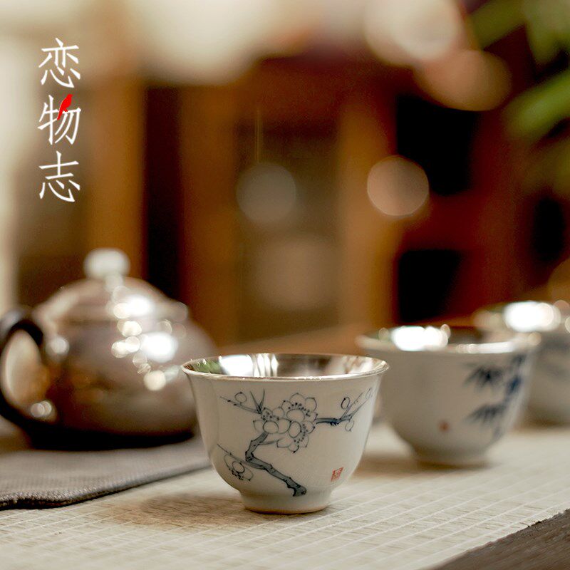 足银999银茶杯包银杯釉下彩手绘家用主人杯功夫茶具品茗杯 润君