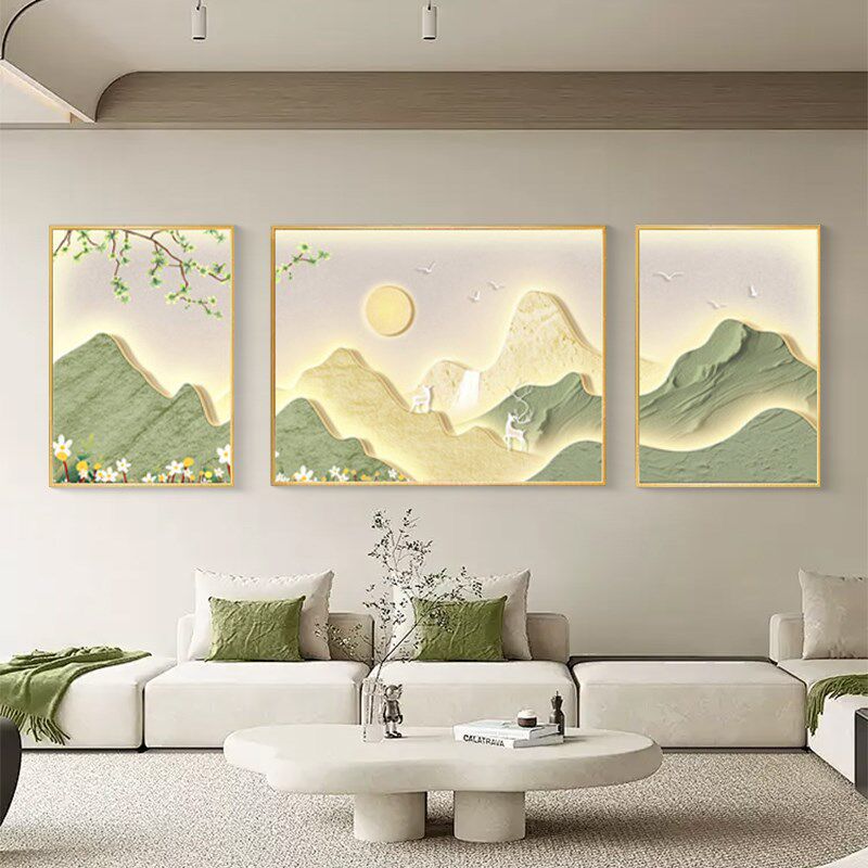奶油风挂画客厅装饰画三联山水2024年新款高级感沙发背景墙壁挂画