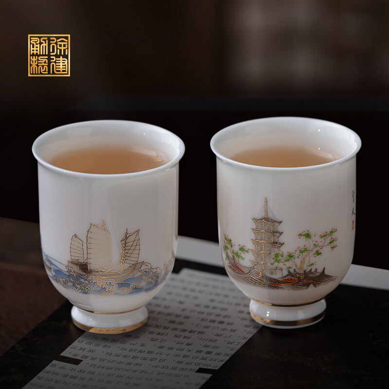 徐建勇文创陶瓷茶具高端白瓷小茶杯客杯品茗杯高档自用对杯带礼盒 - 实物图