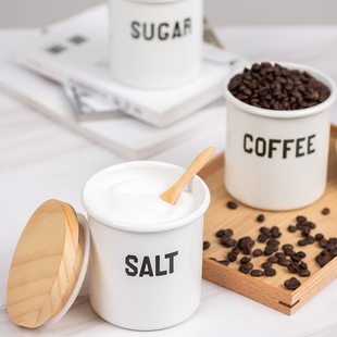 肥龙搪瓷罐怀旧复古珐琅经典实木日韩欧美翻边密封罐调味罐茶叶罐