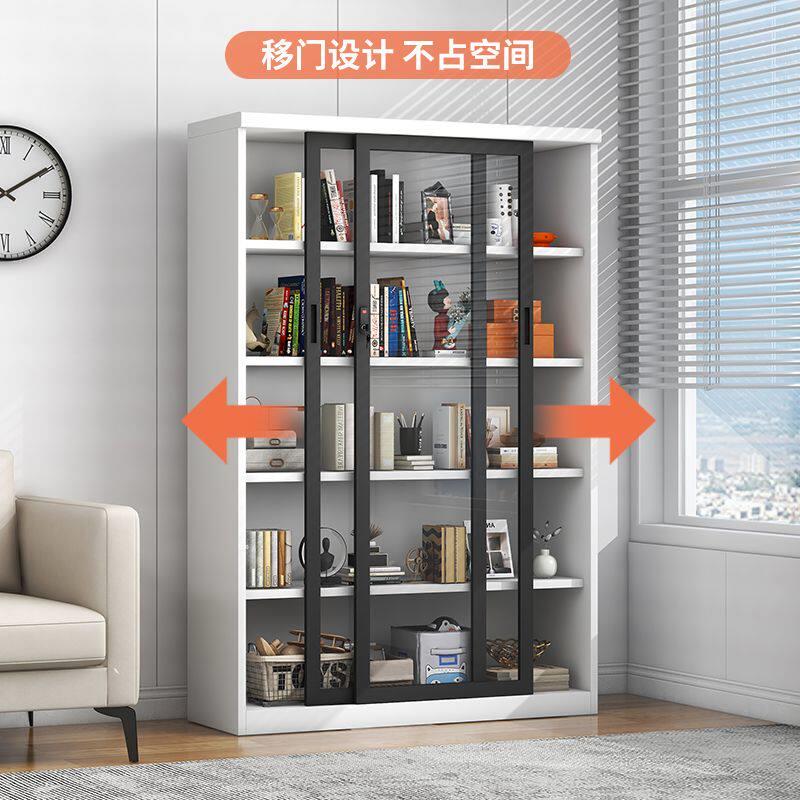 轻奢移门书柜推拉玻璃门展示柜铁艺文件柜儿童书架落地收纳柜带锁