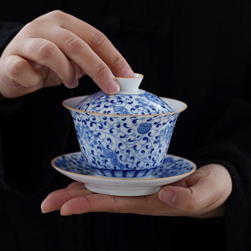 青花瓷三才盖碗茶杯单个功夫茶碗缠枝莲陶瓷薄胎白瓷不烫手泡茶杯
