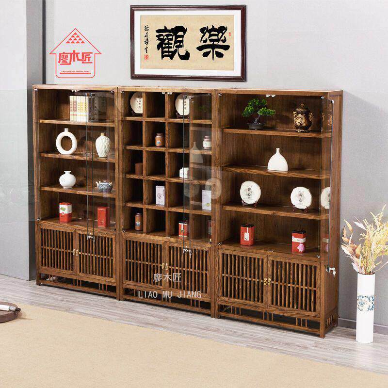 新中式实木博古架榆木书架多宝阁摆件茶展示柜置物架客厅隔断定制