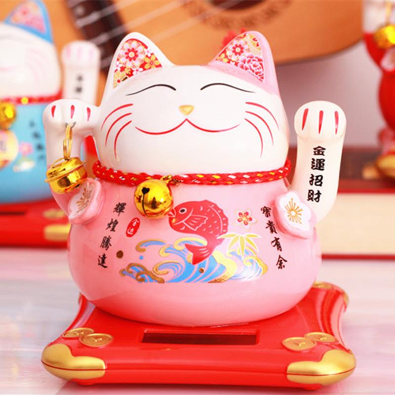 5寸太阳能陶瓷摇手招财猫汽车摆件车内装饰品车饰办公桌网红摆件