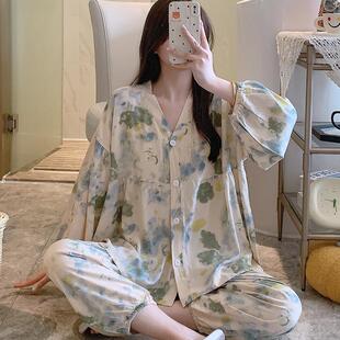 新款棉绸睡衣女春秋季大版花朵家居服套装可外穿绵绸妈妈款套装夏