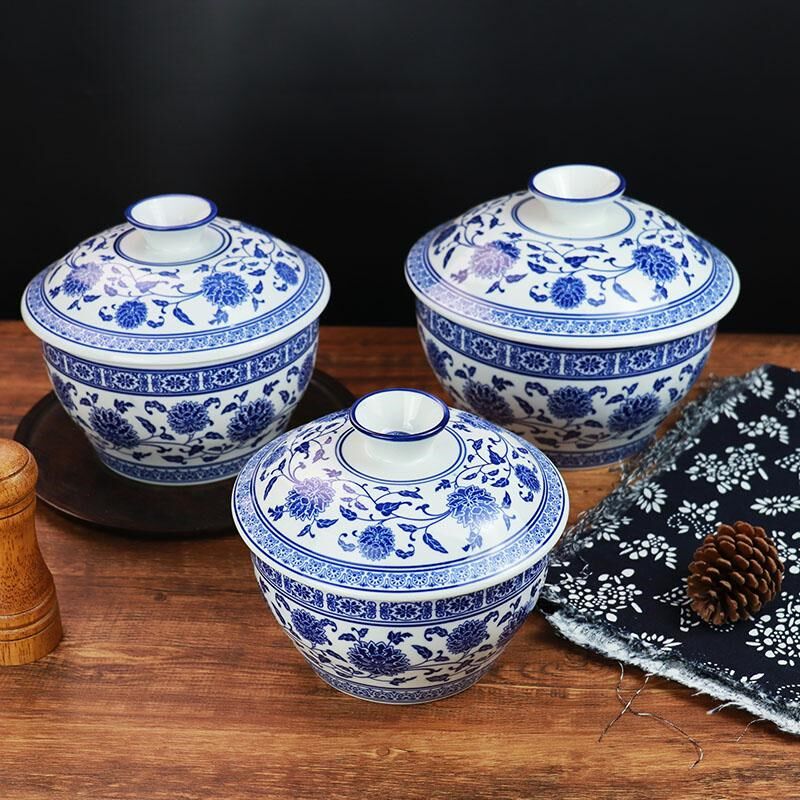 带盖青花瓷鸡盅釉下彩瓷陶瓷炖盅汤碗大碗带盖炖汤火锅调料盅商用