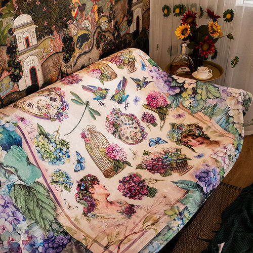 中世纪少女毛毯复古沙发巾毯子全盖布法式花蝴蝶靠背巾垫保暖绒毯