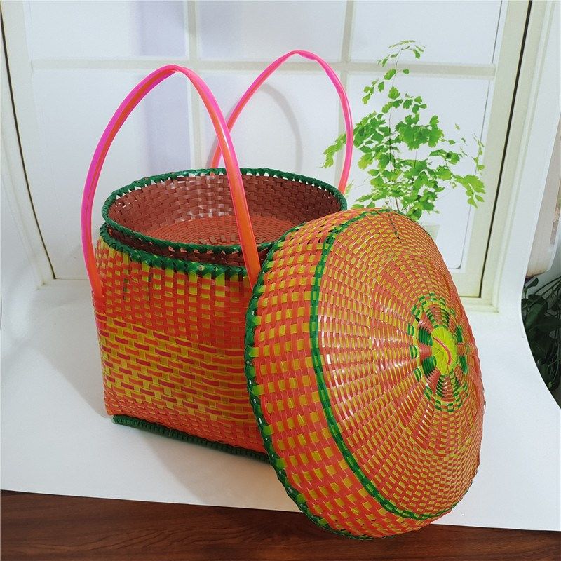 手提塑料编织篮 祭祖手提篮 菜篮子食物篮 环保篮野餐篮带盖圆蓝,收纳整理,购物篮,淘宝优惠券,粉丝福利购,淘宝优惠卷