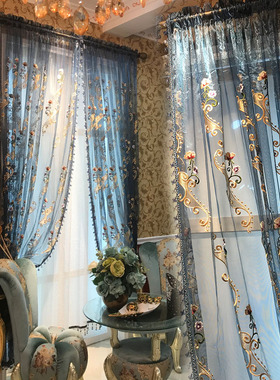 窗帘2022年新款卧室客厅飘窗纱帘透光不透人蓝色欧式女孩复古双层