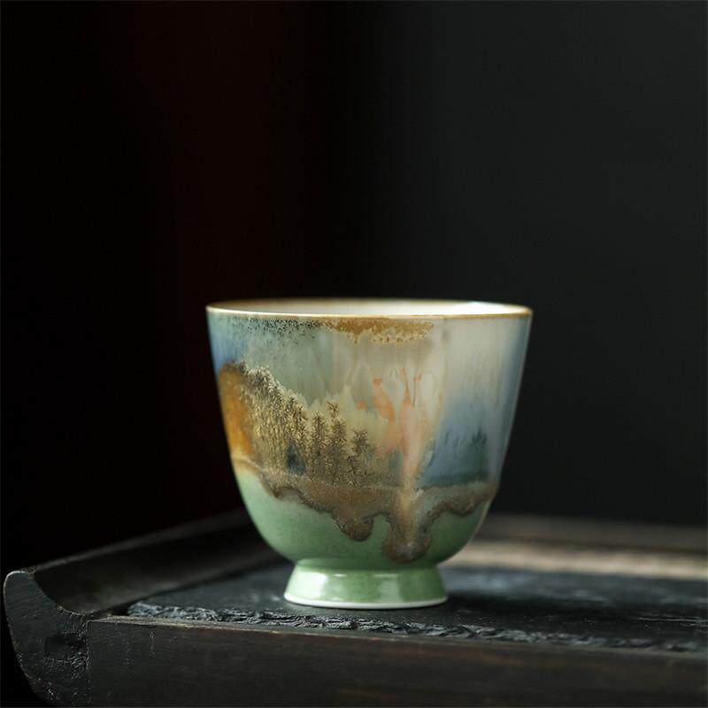 窑变花茶杯景德镇纯手工陶瓷茶具复古单杯品茗杯主人杯80ml马蹄杯