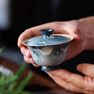 景德镇手工粗陶盖碗复古茶具 牧渔入海设计不烫手功夫茶组