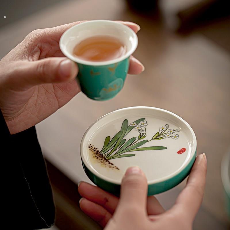 松石绿手绘茶杯垫陶瓷隔热垫功夫茶杯托创意家用功夫茶具配件杯垫