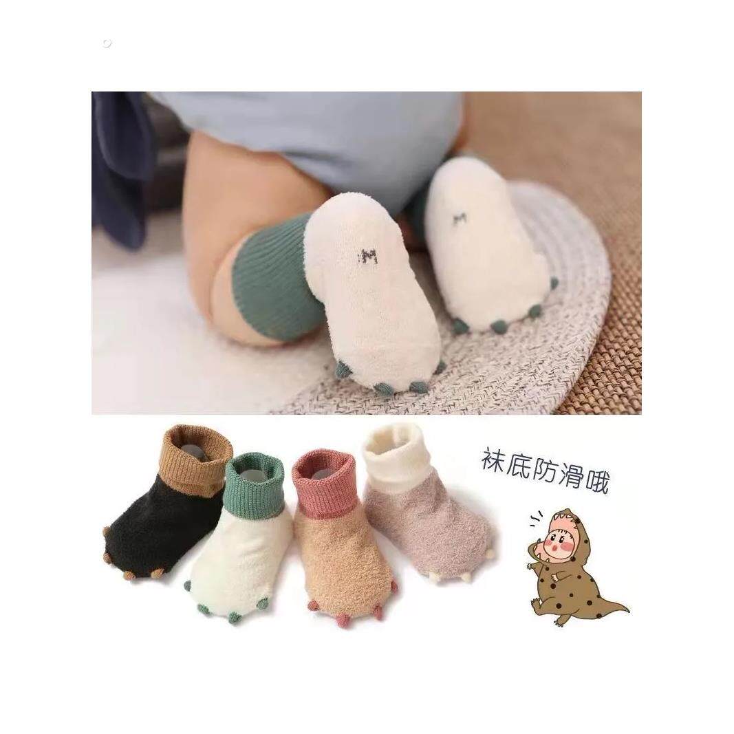 小孩袜子0-1岁春秋保暖新生儿秋冬季婴儿恐龙小爪子加厚地板袜子