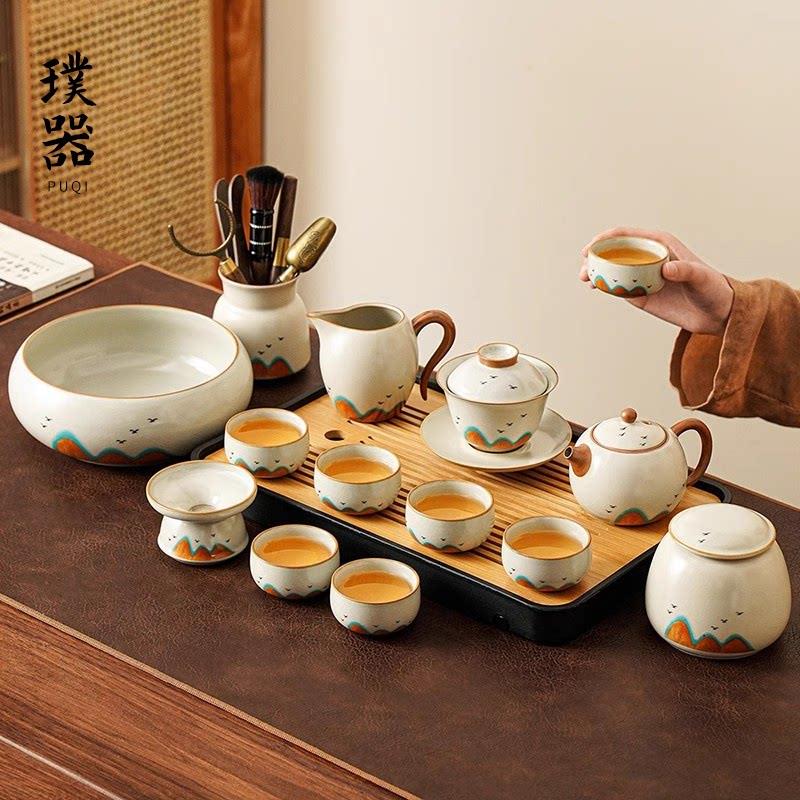 米黄汝窑功夫茶具套装家用陶瓷茶壶盖碗茶杯茶盘办公室泡茶具整套