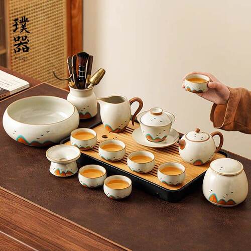 米黄汝窑功夫茶具套装家用陶瓷茶壶盖碗茶杯茶盘办公室泡茶具整套