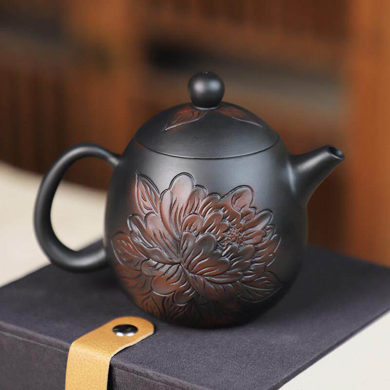 建水紫陶茶壶纯手工泡茶壶堆雕牡丹龙蛋可提可转家用茶具套组单壶