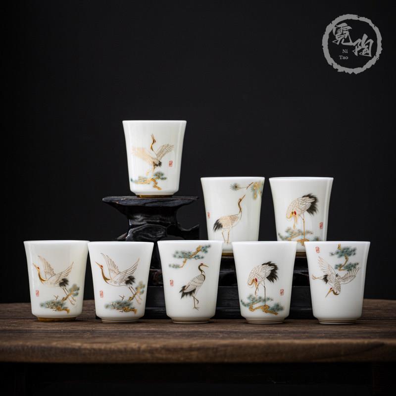德化高档冰种羊脂玉瓷仙鹤描金品茗杯白瓷闻香杯聚香杯主人杯茶具