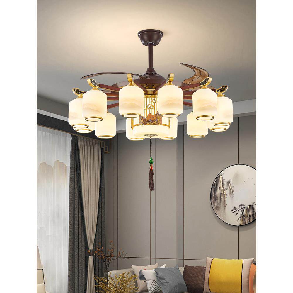 新中国风客厅吊灯全铜实木吊扇灯2025新餐厅卧室灯隐形电扇吊灯