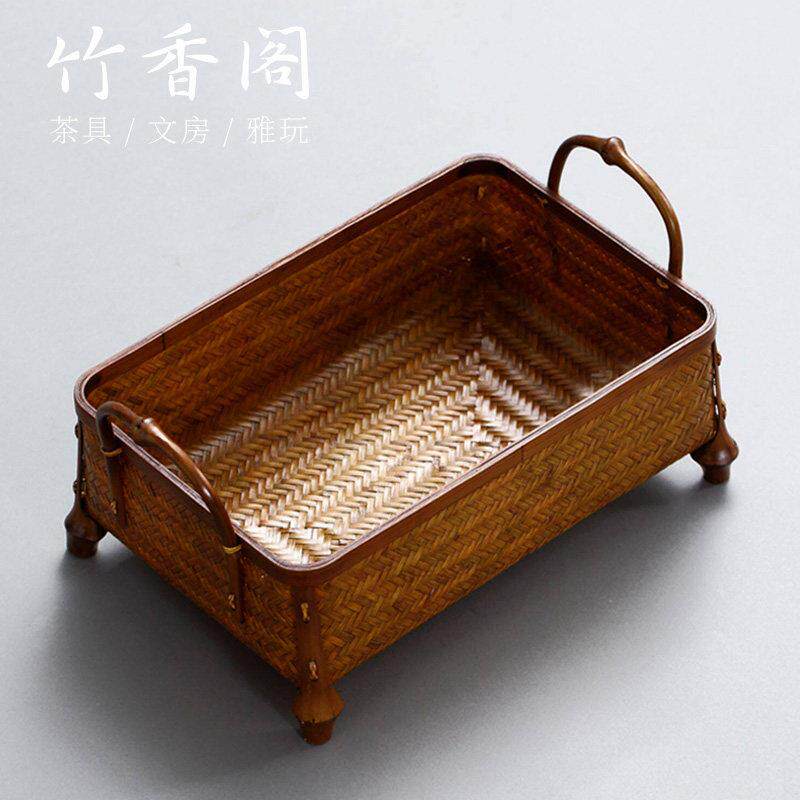 竹香阁中式竹编多功能茶具收纳复古典雅竹篮茶杯茶室桌面水果篮