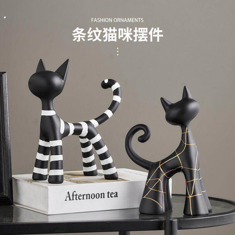轻奢风条纹猫咪摆件树脂桌面装饰品客厅极简手绘套装