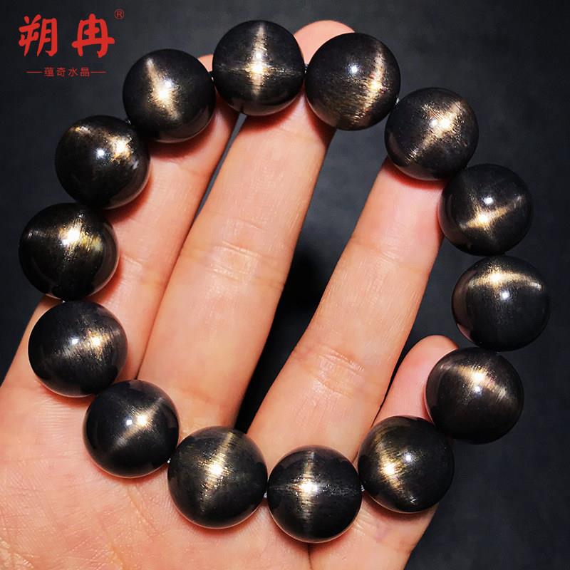 收藏级天然黑太阳石黑骨干手錬十字星光钛晶猫眼石黑水晶手串男女
