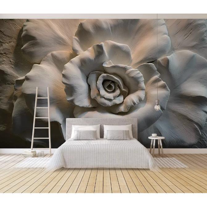 3D立体欧式花卉墙布仿石膏浮雕壁纸玫瑰花壁画客厅沙发影视墙贴纸