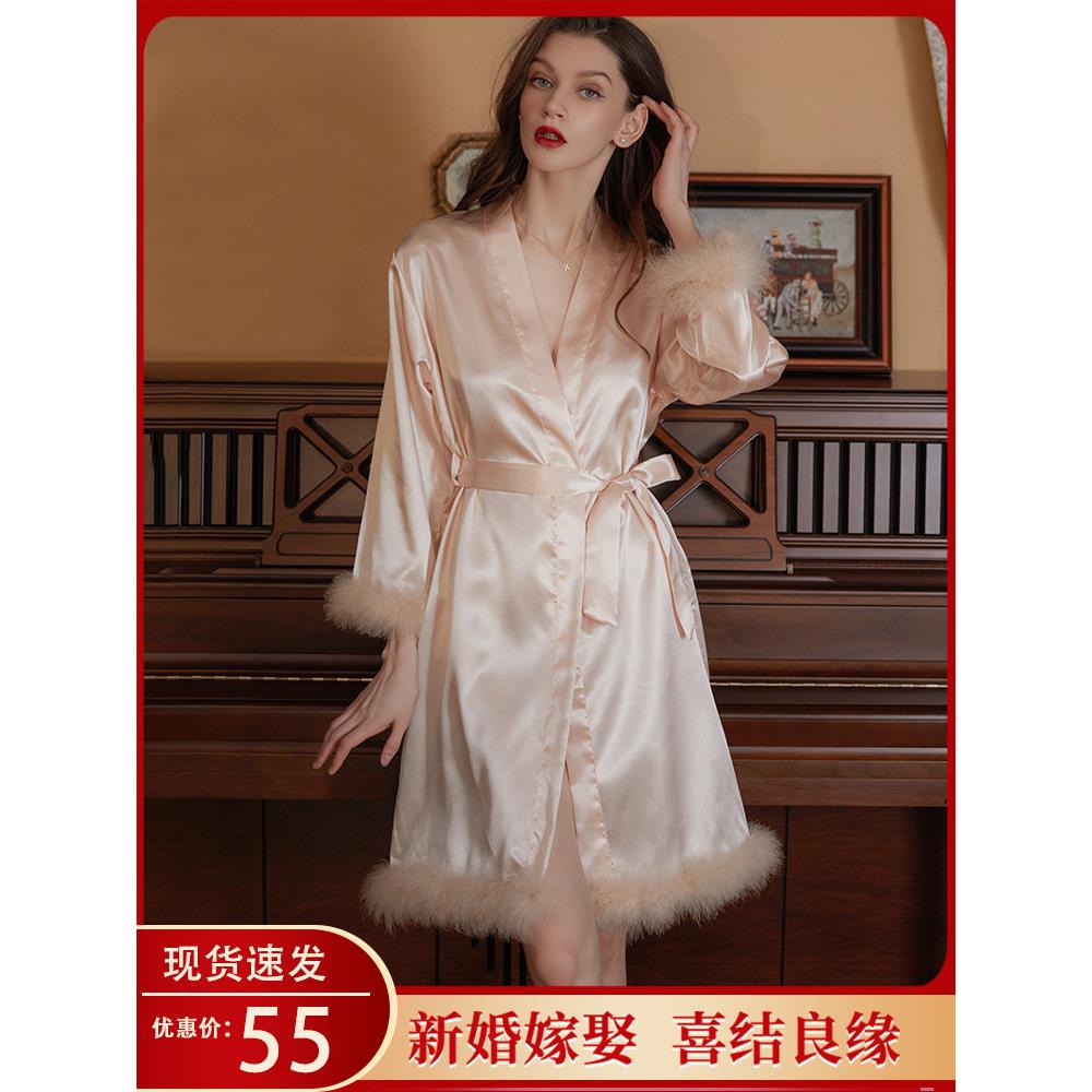 礼服女新娘伴娘婚礼婚礼婚礼睡衣夏季薄冰丝绸红色浴袍高档睡衣羽
