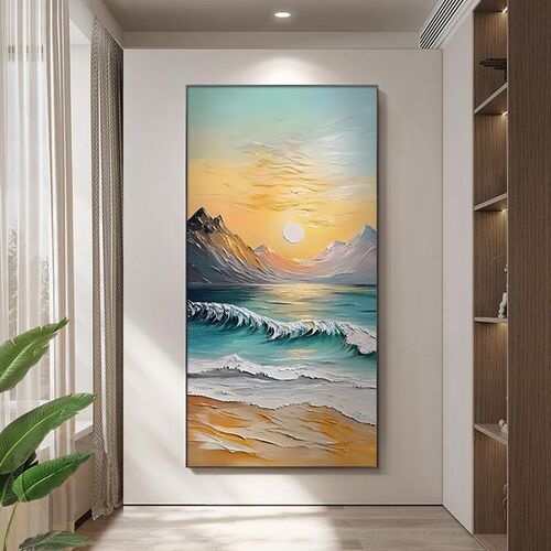 日照金山入户玄关装饰画海浪风景正对门挂画日出过道走廊餐厅壁画
