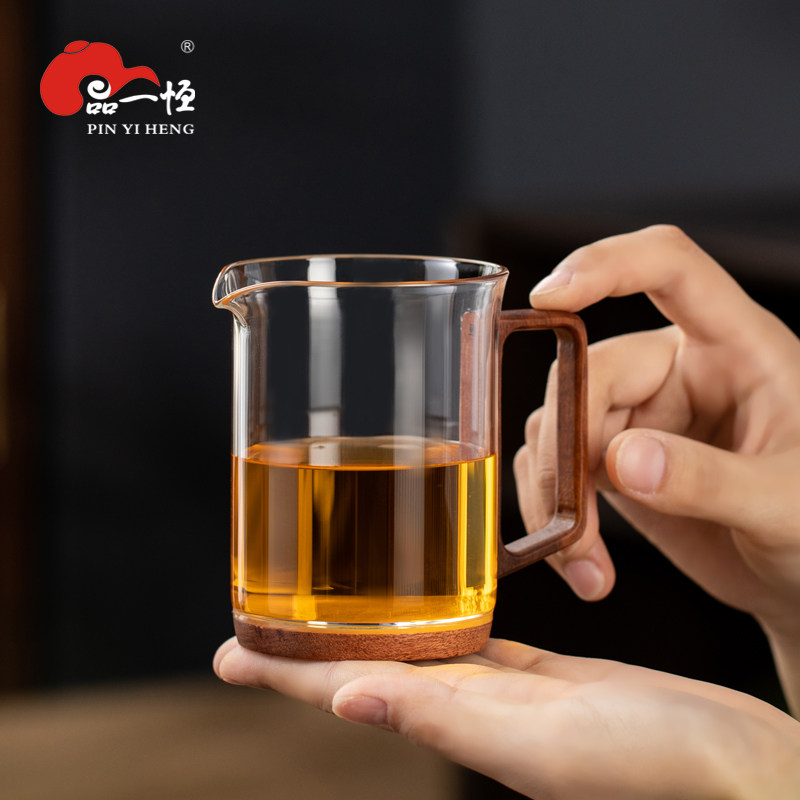 品一恒木把玻璃公道杯耐高温加厚木底分茶器泡茶杯公杯茶漏过滤