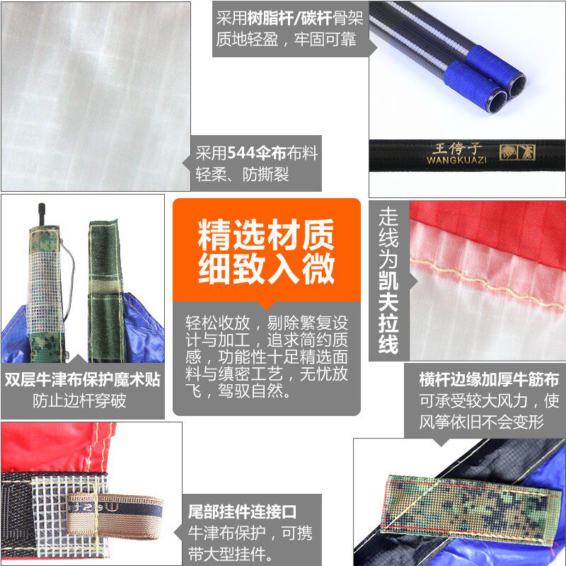 潍坊王侉子风筝伞布碳杆专业大型成人玩家微风风筝