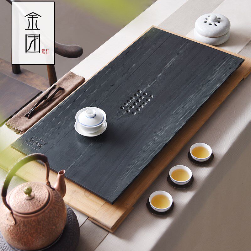 金团绿檀玉石茶盘整块家用天然石材茶台乌金石头茶海简约茶具托盘