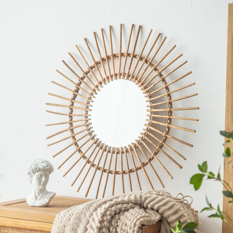 北欧藤编化妆镜挂墙装饰镜子手工编织浴室圆镜贴墙民宿壁挂梳妆镜