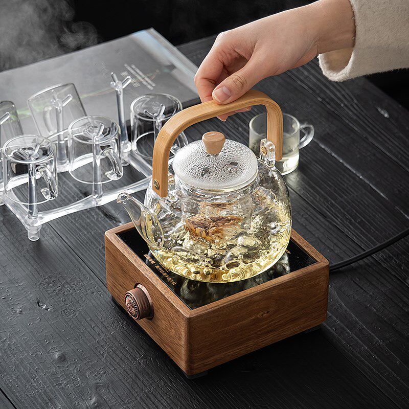 胡桃木电陶炉煮茶炉玻璃煮茶壶烧水壶围炉小型电热实木新款茶炉