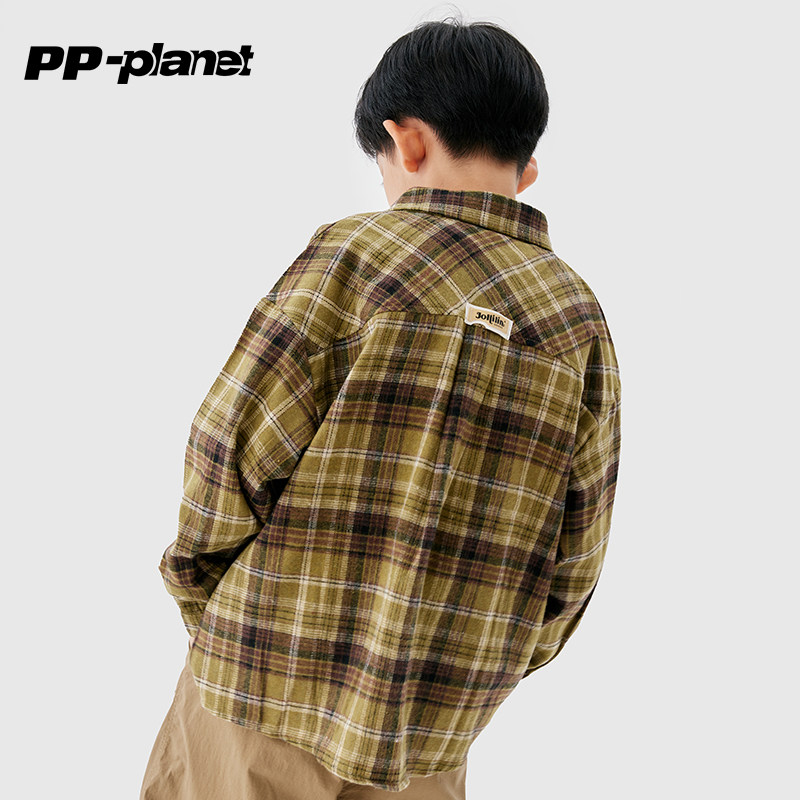 PP星球童装男童衬衫2023秋冬新款复古时髦宽松休闲立领衬衫外套