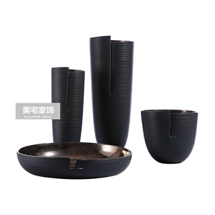 新中式 饰品 陶瓷花瓶摆件干花插花黑色花器玄关客厅电视柜家居软装