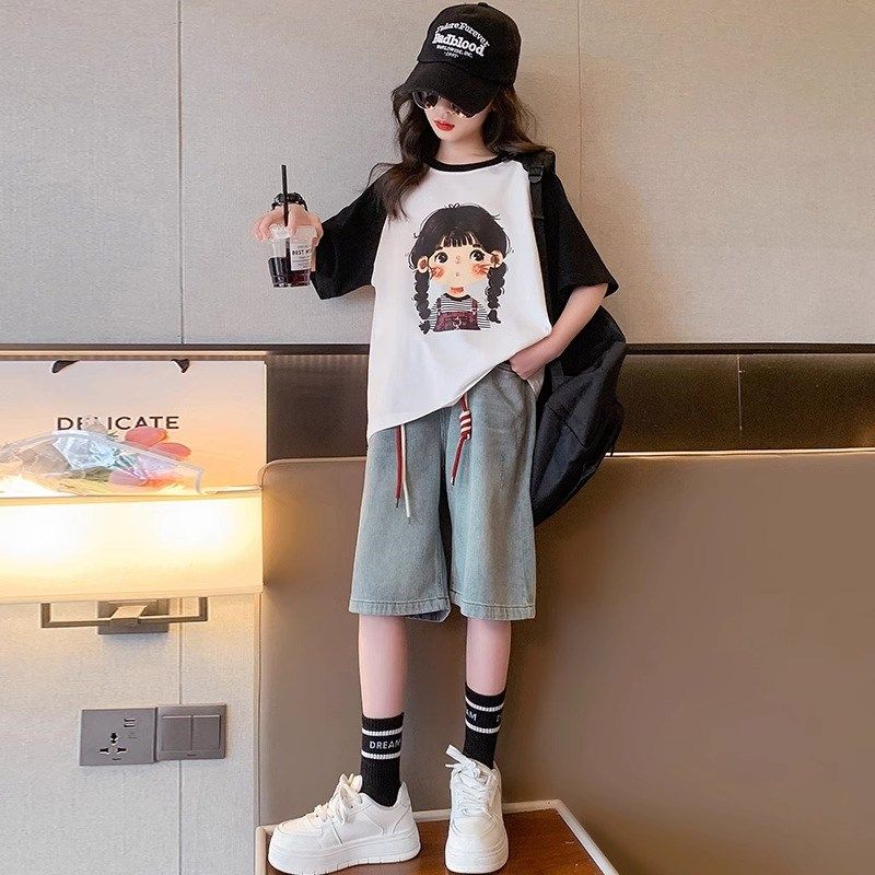 女童夏季牛仔套装薄款2024新款女大童夏装短袖中裤儿童休闲两件套