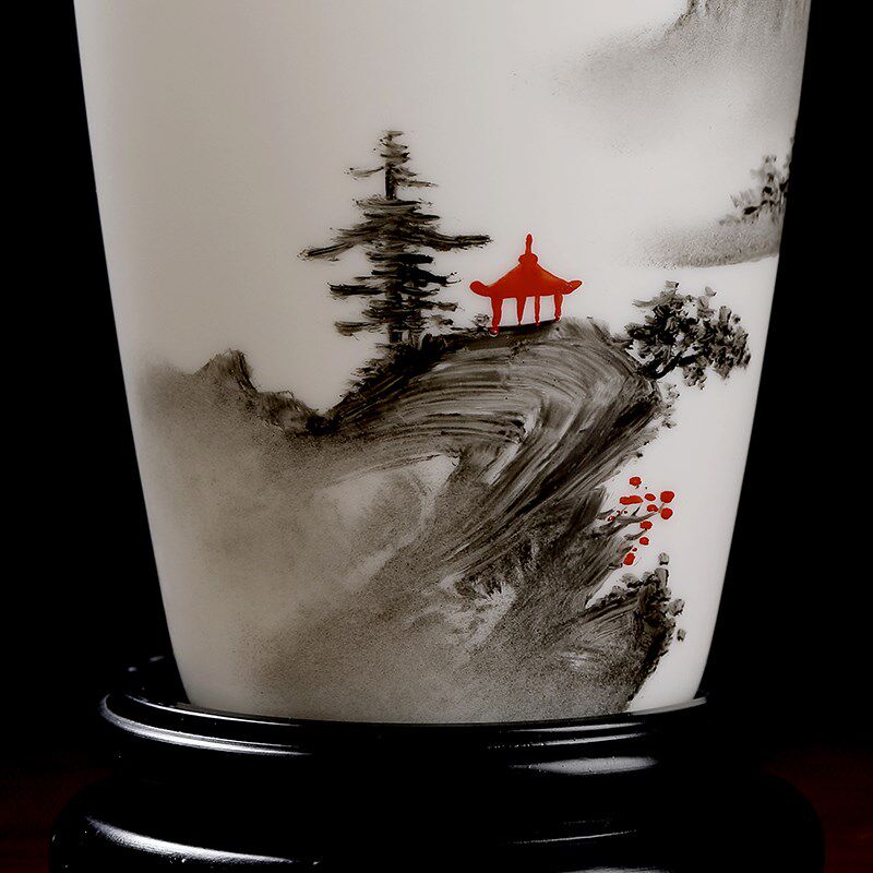 东方泥土青山烟雨小寿瓶羊脂玉手绘陶瓷花瓶摆件中式古典客厅装饰