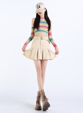 KRO牛仔复古半身裙子2023新款高腰显瘦百褶短裙防走光美式A字裙女