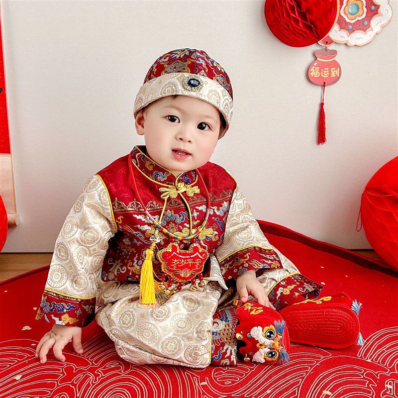 男宝宝抓周服秋季新款喜庆复古生日百天周岁服婴儿中式唐装冠衣