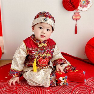 男宝宝抓周服秋季新款喜庆复古生日百天周岁服婴儿中式唐装冠衣