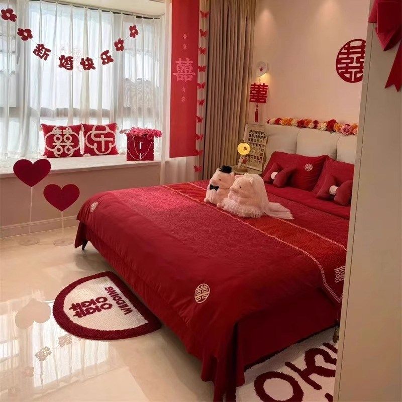高档简约婚礼结婚四件套大红色新婚喜被被套婚庆床上用品婚房陪嫁