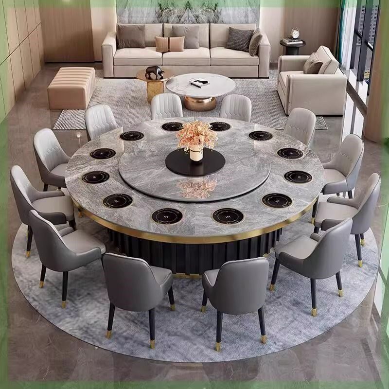 新款酒店圆桌餐桌电动岩板饭店火锅店餐厅电磁炉包厢火锅圆形转盘