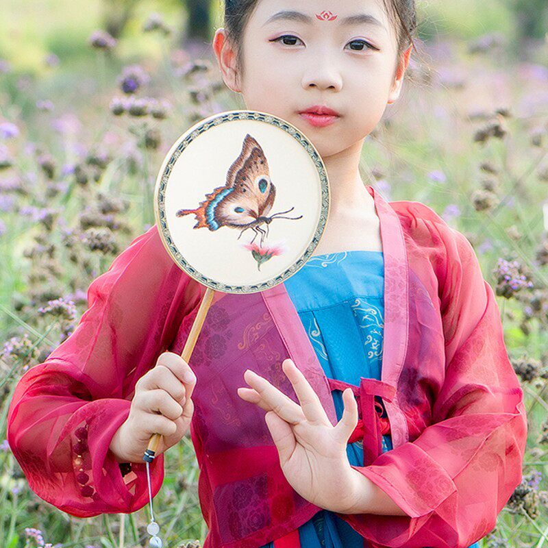 真丝绣花工艺扇圆形苏州刺绣小圆扇古装汉服复古风迷你儿童团扇